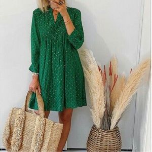 Beautiful Green Party Geometric print buttoned v-neck pleated dress tunic